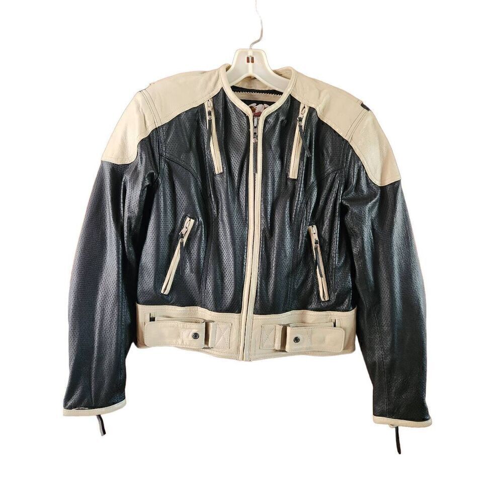 Harley-Davidson small cream and black leather jacket. Measures approx Length 23" - Picture 15 of 15
